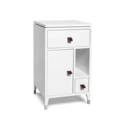 Abisko låga ben sängbord, vit, handtag i brunt älgskinn^Mavis Hot