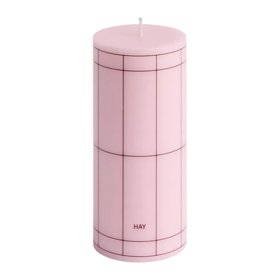 Ljus-HAY Column Candle blockljus small 15 cm, Light pink-bordeaux grid