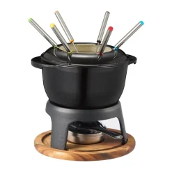 Gjutjärnsgrytor-Dorre Foni Fondue gjutjärn emaljerad 21*18,4*9,8 cm, Svart-akacia träplatta