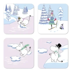 Glasunderlägg-Opto Design Mumin glasunderlägg vinter 2022 9x9 cm 4-pack, Blå-vit-rosa