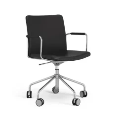 Stella kontorsstol höj/sänkbar med svikt, läder elmosoft 99999 svart, kromstativ, läderlindade armstöd^Swedese New