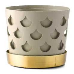 Krukor-KLONG Trio Drop kruka beige med fat i mässing, Small Ø12 cm